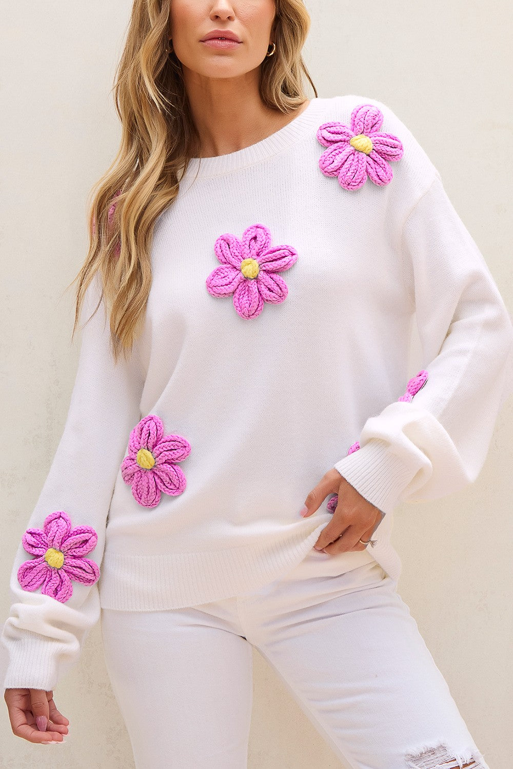 Crochet Flower Round Neck Long Sleeve Boho Sweater - Spirit and Rebel [Spirit and Rebel] White S 