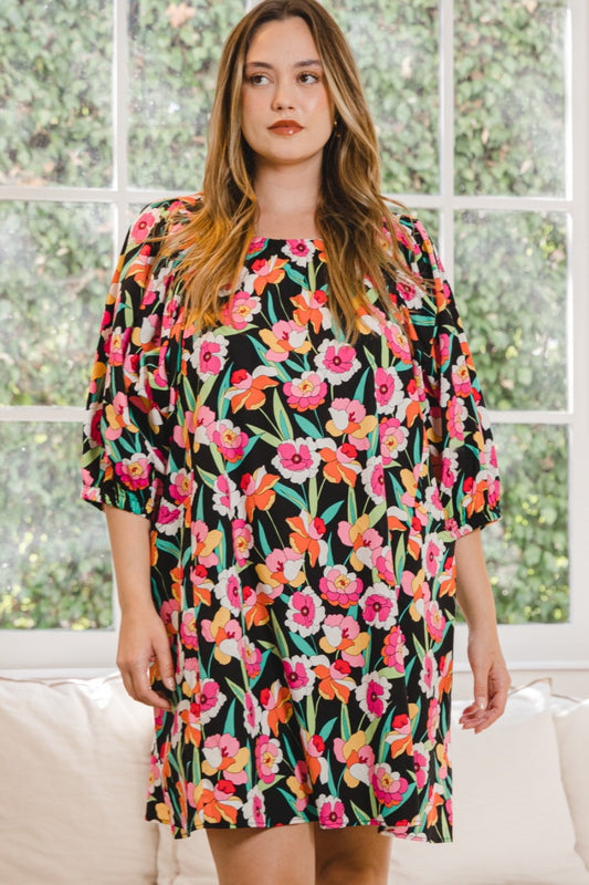 Spirit and Rebel Plus Size Floral Puff Sleeve Boho Mini Dress [Spirit and Rebel]   