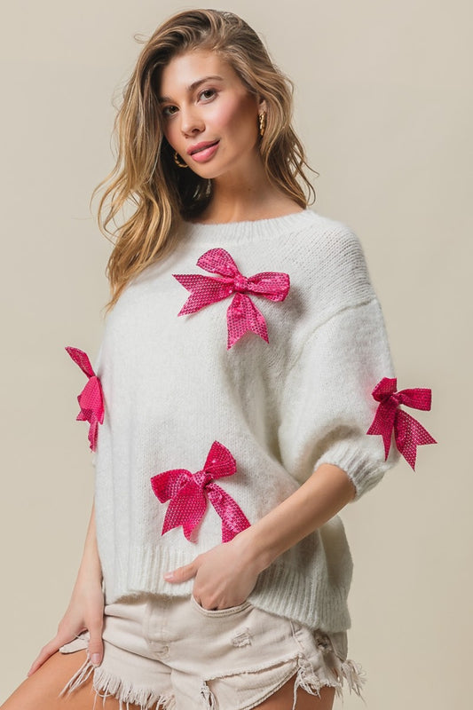 Spirit and Rebel Sequin Bow Puff Sleeve Boho Sweater [Spirit and Rebel] Ivory/Fuchsia S 