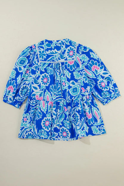 Printed Notched Three-Quarter Sleeve Boho Blouse - Spirit and Rebel [Spirit and Rebel]   