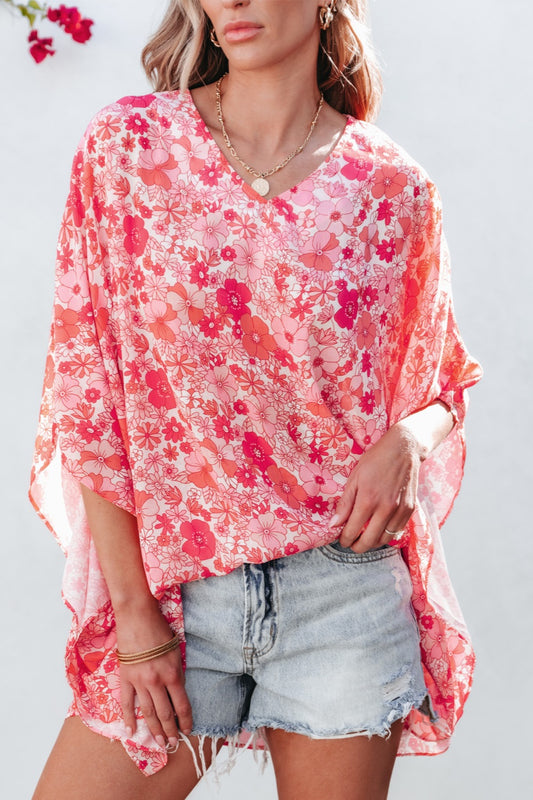 Floral V-Neck Three-Quarter Sleeve Boho Blouse - Spirit and Rebel [Spirit and Rebel] Hot Pink S 