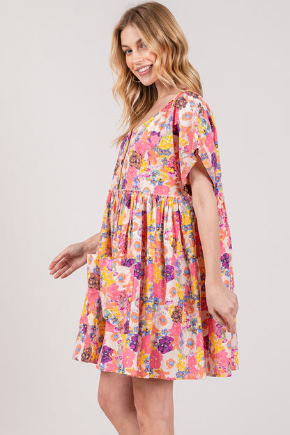 Floral Short Sleeve Babydoll Boho Dress with Pockets - Spirit and Rebel [Spirit and Rebel]   