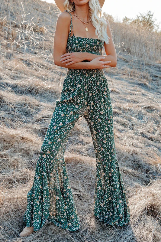 Printed Spaghetti Strap Wide Leg Boho Jumpsuit - Spirit and Rebel [Spirit and Rebel] Dark Green S 