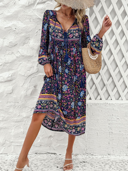 Tassel Tied Printed Long Sleeve Boho Dress [Spirit and Rebel]   