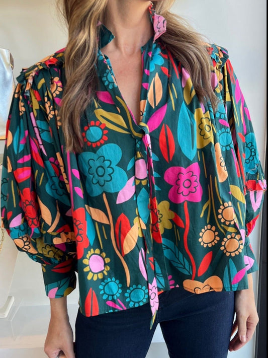 Printed Lantern Sleeve Boho Blouse - Spirit and Rebel [Spirit and Rebel] Multicolor S 