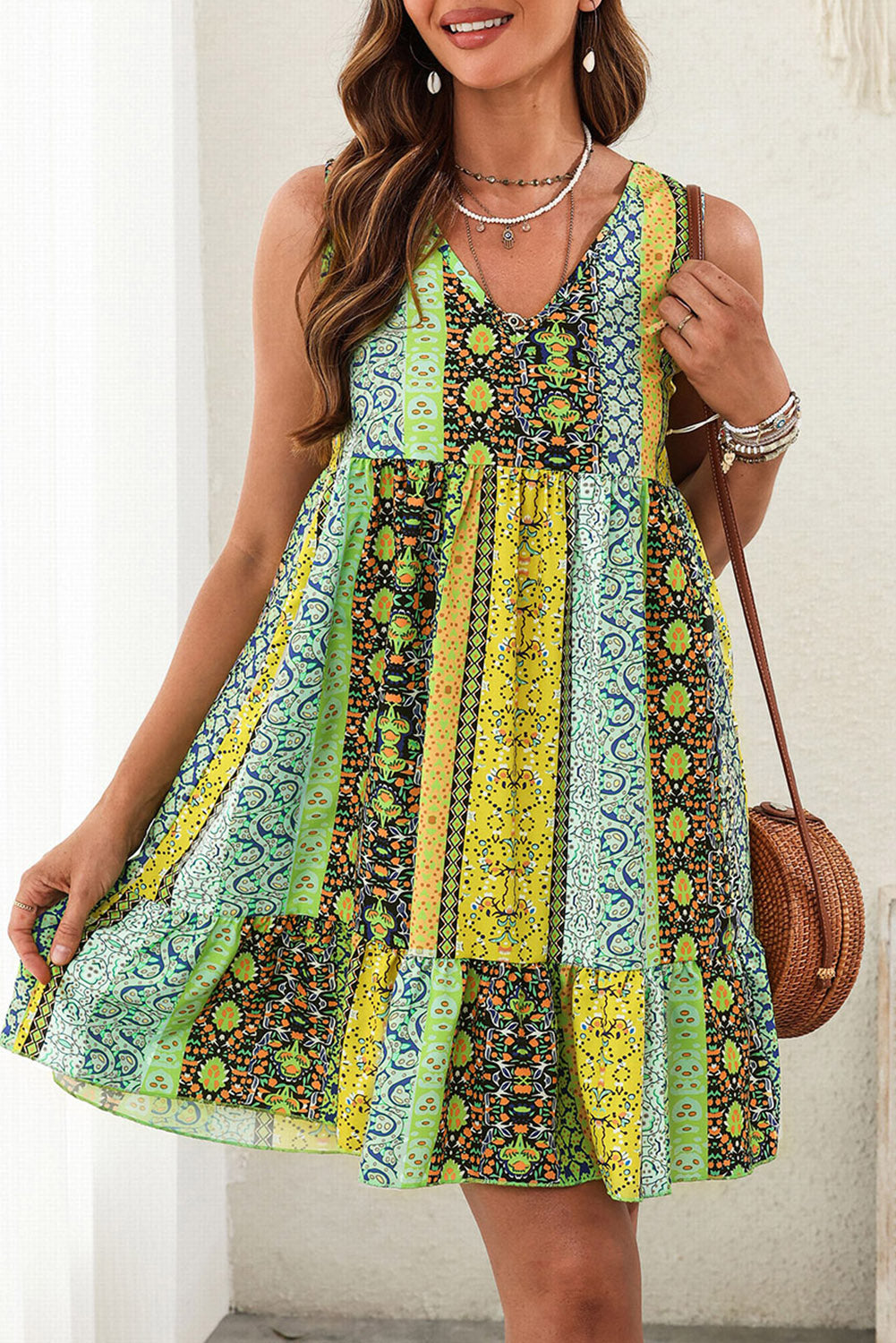 Printed V-Neck Boho Mini Dress [Spirit and Rebel] Chartreuse S 