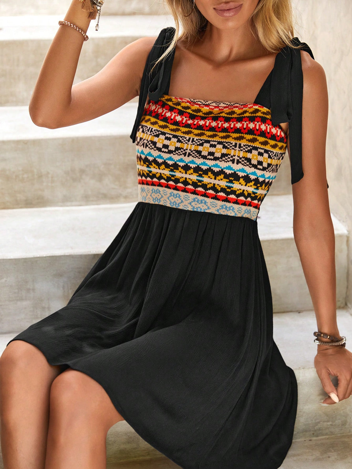 Printed Tie-Shoulder Tank Boho Dress [Spirit and Rebel]   