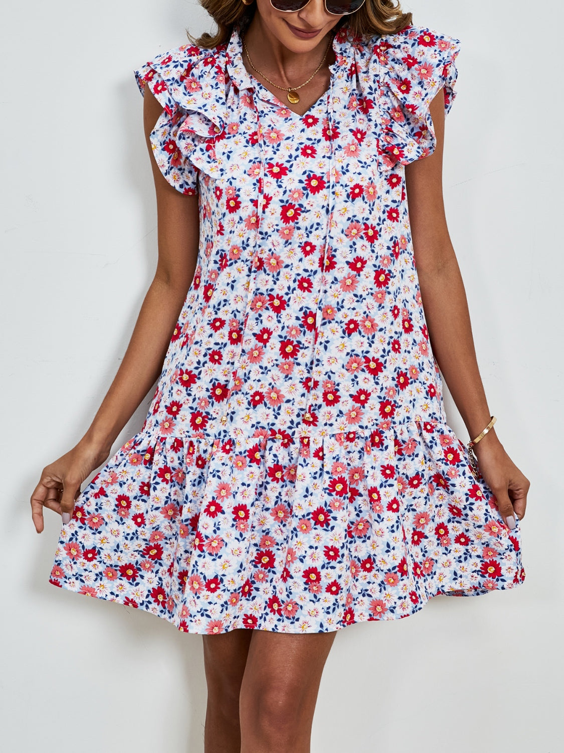 Tied Floral Cap Sleeve Mini Boho Dress - Spirit and Rebel [Spirit and Rebel]   