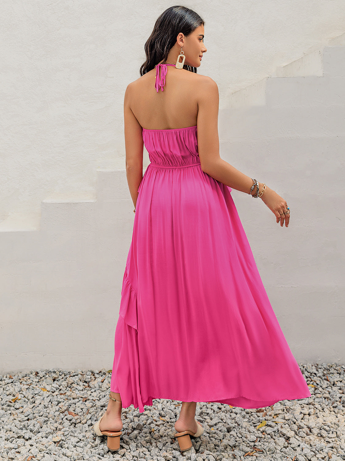 Ruffled Halter Neck Sleeveless Maxi Boho Dress - Spirit and Rebel [Spirit and Rebel]   