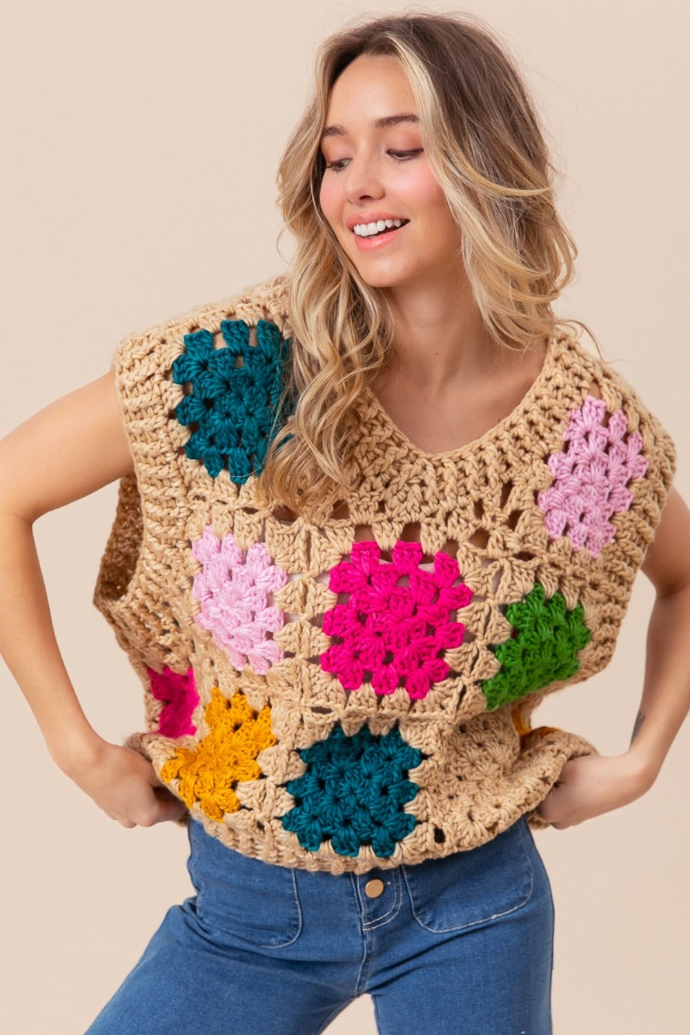 Granny Square Openwork Boho Sweater Vest - Spirit and Rebel [Spirit and Rebel] Taupe S 