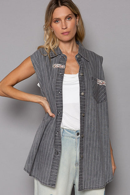 Button Down Sleeveless Striped Denim Boho Shirt - Spirit and Rebel [Spirit and Rebel]   