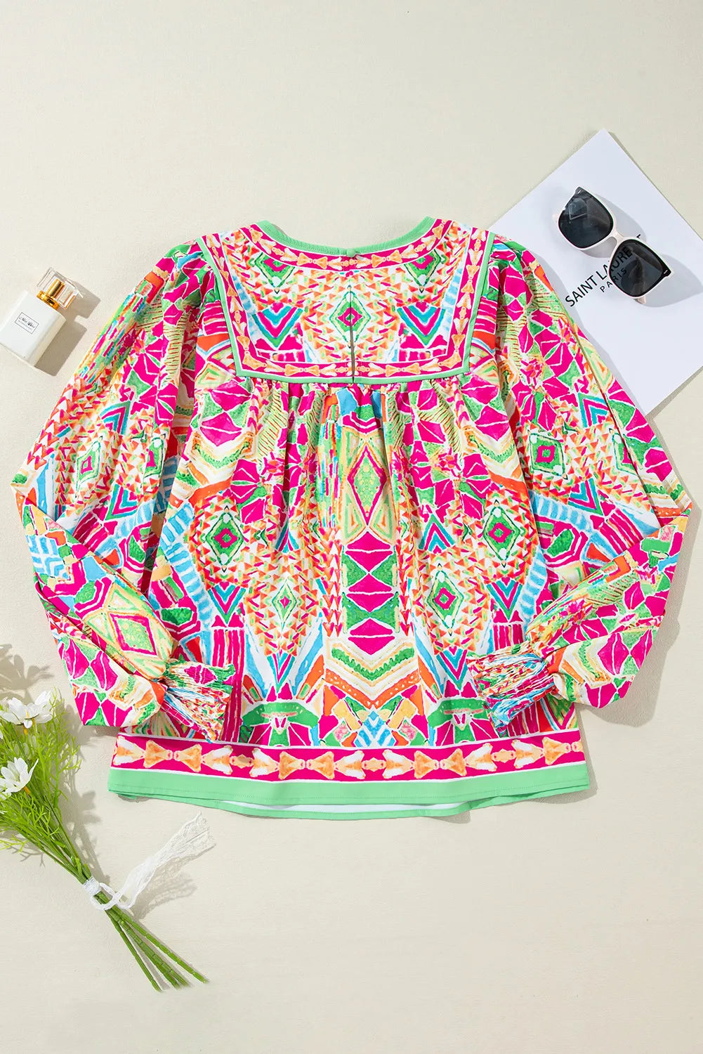 Spirit and Rebel Geometric Printed Round Neck Long Sleeve Bohemian Blouse [Spirit and Rebel]   