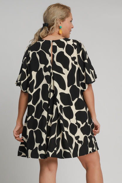 Plus Size Two Tone Abstract Print Puff Sleeve Dress Plus Size [Spirit and Rebel]