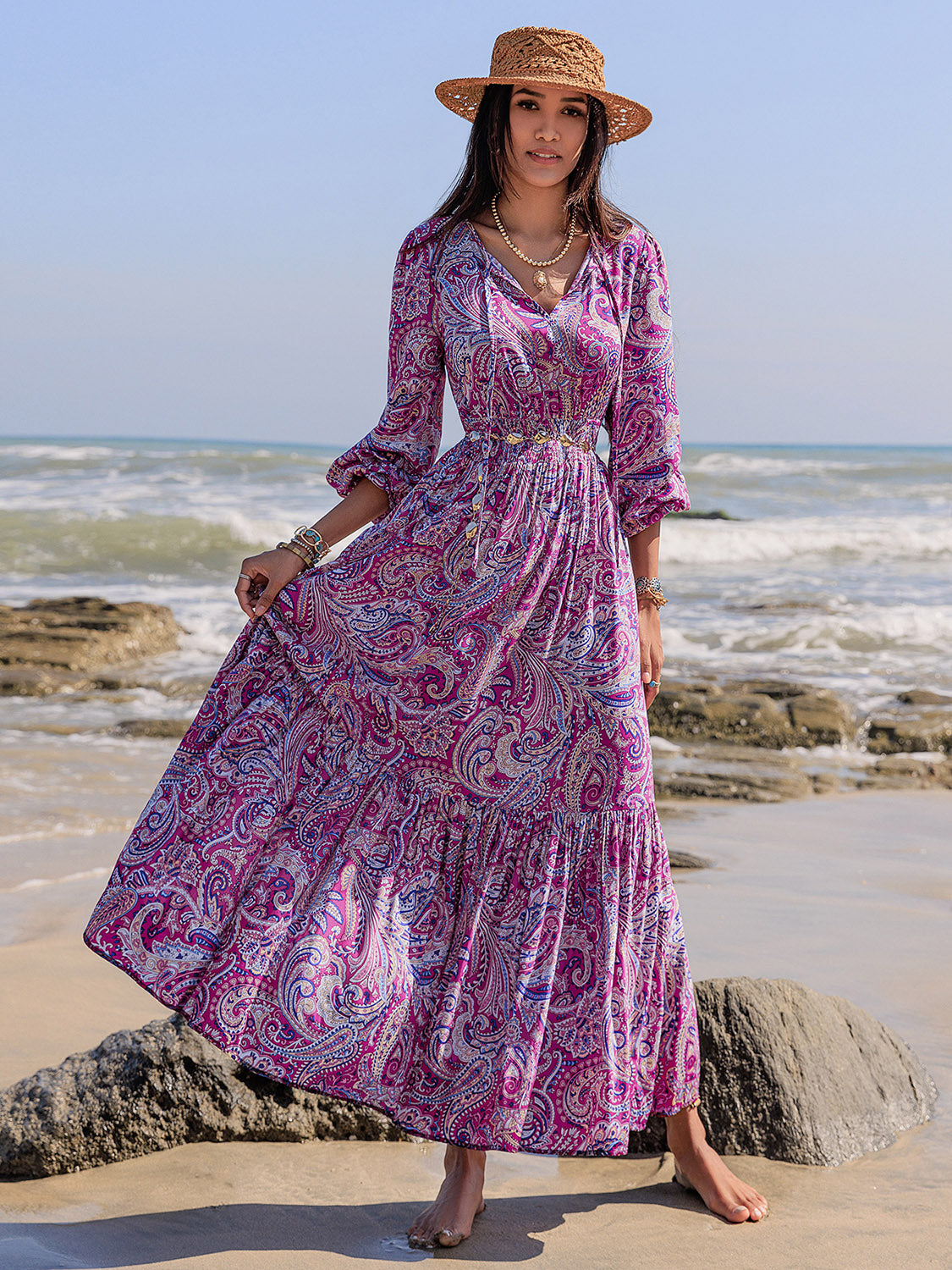 Spirit and Rebel Printed Tie Neck Balloon Sleeve Maxi Dress [Spirit and Rebel] Heliotrope Purple S 