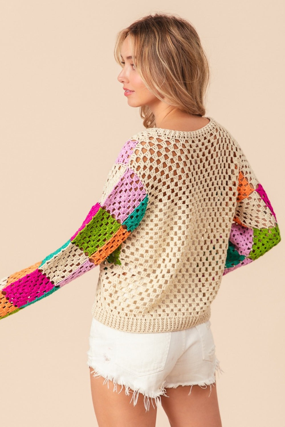 Multi Color Checkered Long Sleeve Knit Boho Top - Spirit and Rebel [Spirit and Rebel]   