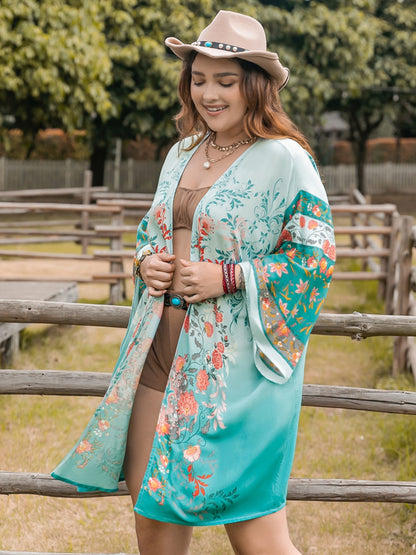 Plus Size Printed Open Front Long Sleeve Boho Cover Up - Spirit and Rebel [Spirit and Rebel]   