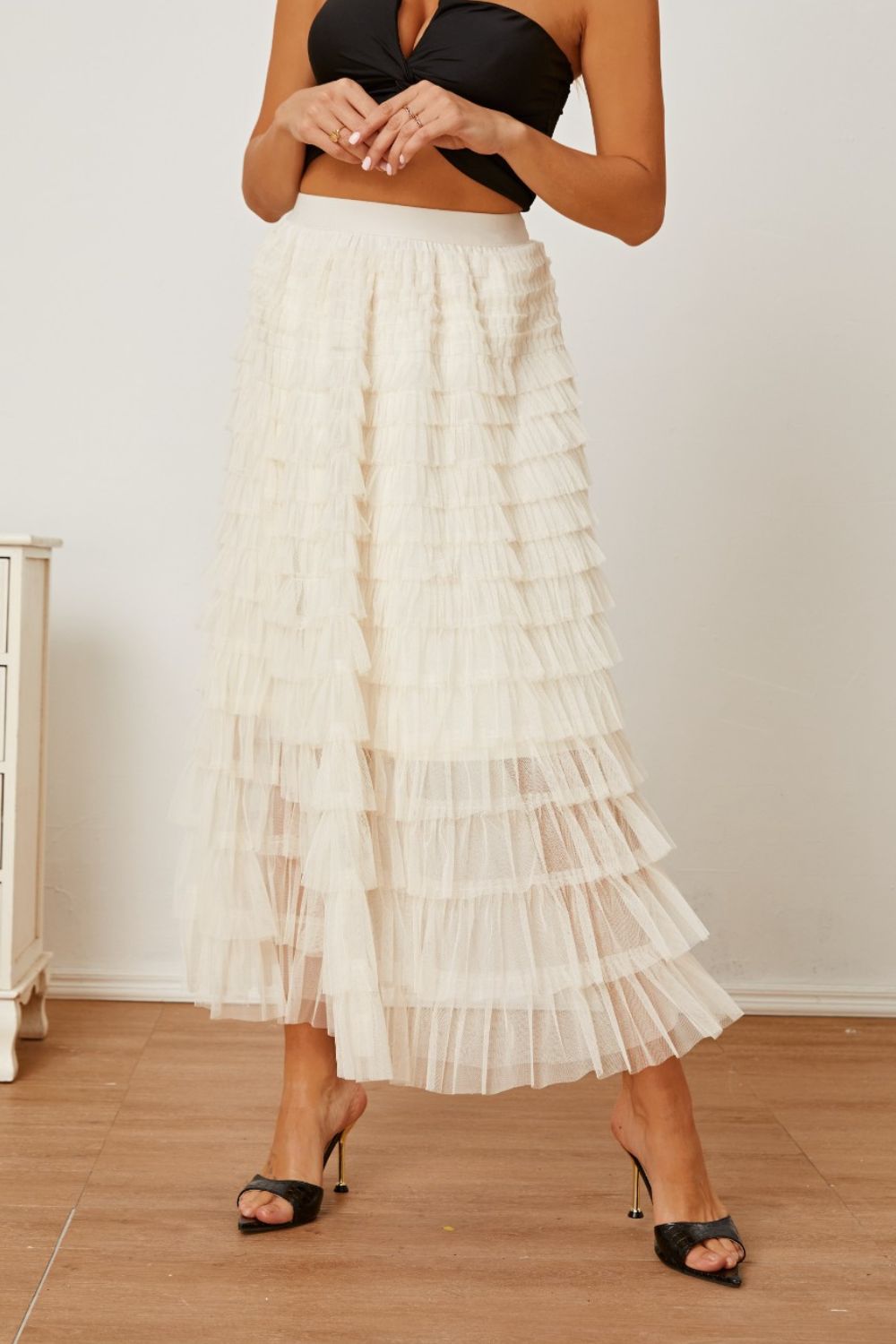 Ruched High Waist Tiered Boho Skirt [Spirit and Rebel] Ivory S 