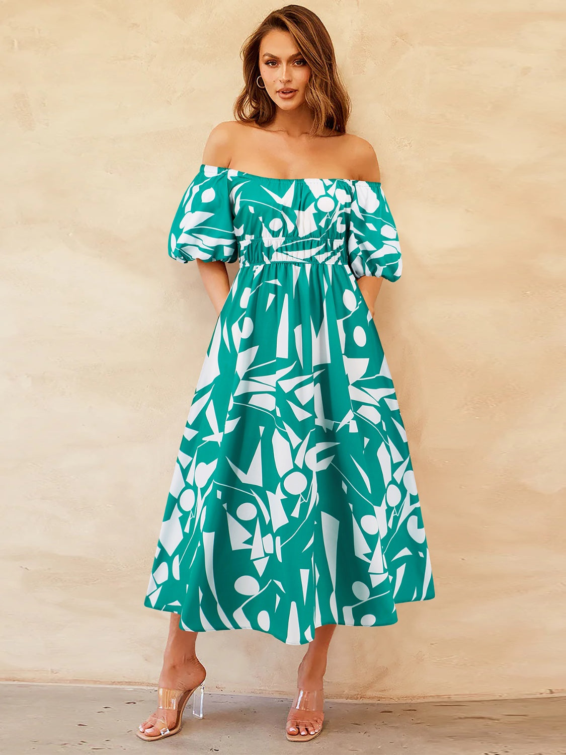 Printed Off-Shoulder Balloon Sleeve Dress [Spirit and Rebel] Turquoise S 