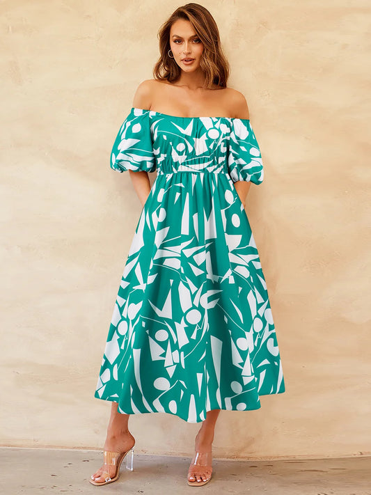 Printed Off-Shoulder Balloon Sleeve Dress [Spirit and Rebel] Turquoise S 