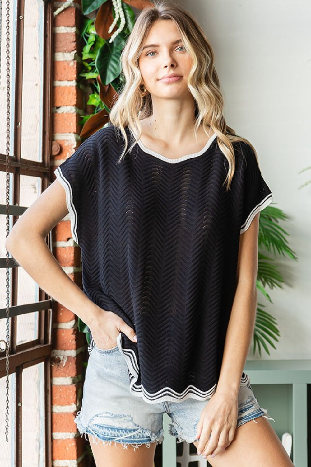 Plus Size Contrast Wavy Crochet Drop Shoulder Knit Boho Top - Spirit and Rebel [Spirit and Rebel]   