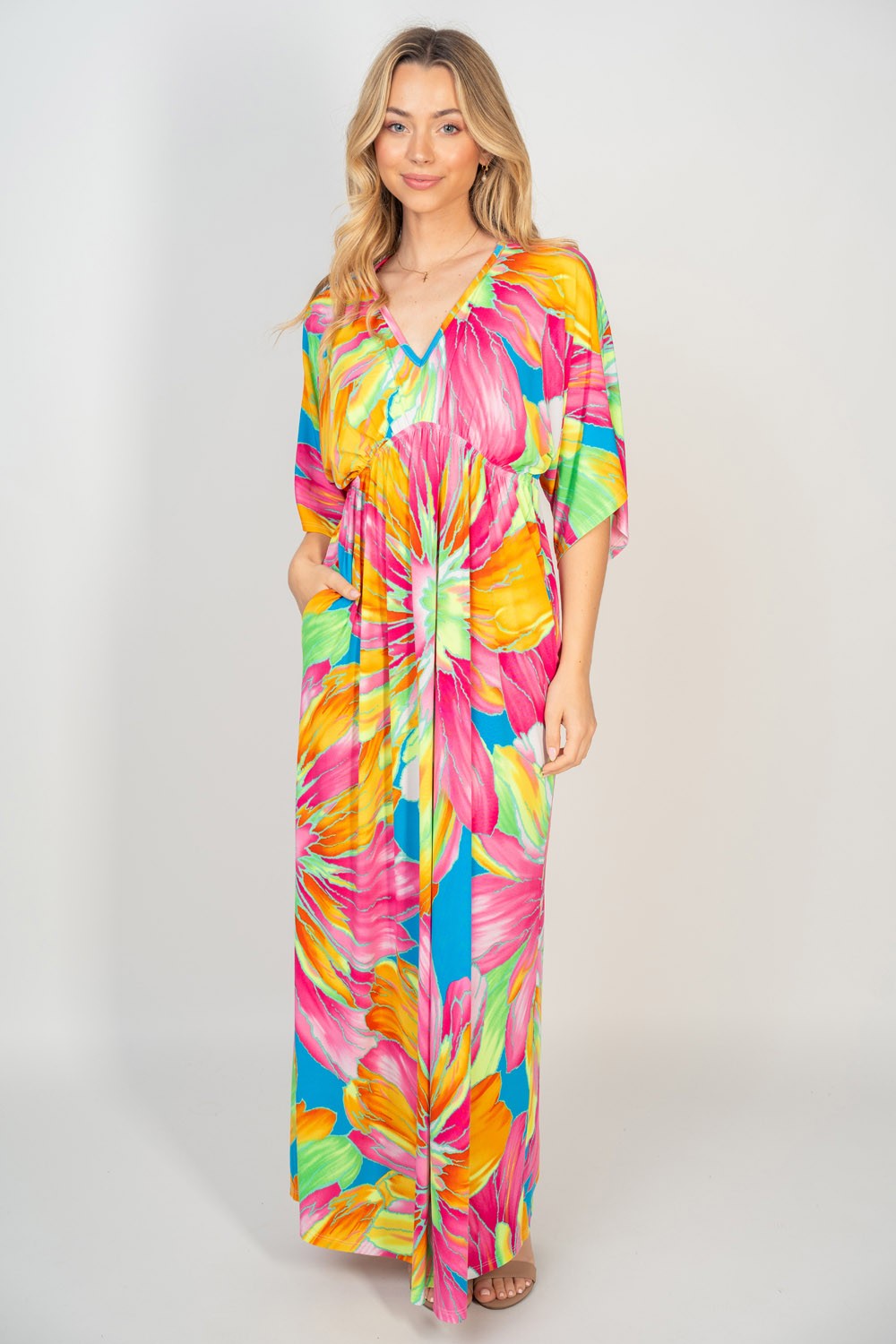 White Birch Printed V-Neck Maxi Dress with Pockets [Spirit and Rebel]   