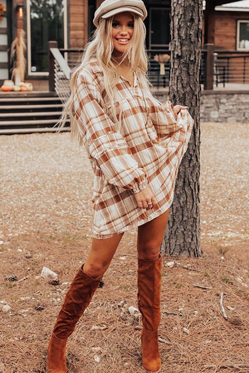 Spirit and Rebel Plaid Collared Neck Long Sleeve Mini Boho Chic Shirt Dress [Spirit and Rebel]   