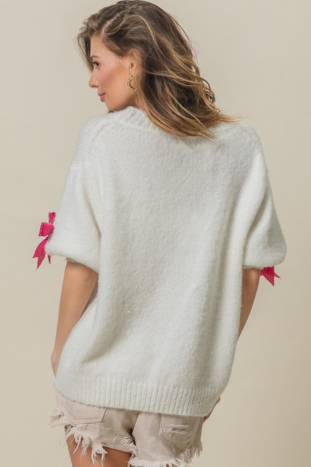 Spirit and Rebel Sequin Bow Puff Sleeve Boho Sweater [Spirit and Rebel]   