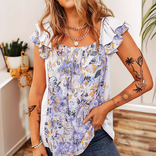 Ruffled Floral Square Neck Cap Sleeve Boho Blouse - Spirit and Rebel [Spirit and Rebel]   