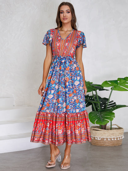 Tied Printed V-Neck Short Sleeve Boho Wedding Guest Dress [Spirit and Rebel]   