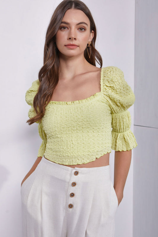 MUSTARD SEED Crinkle Texture Puff Sleeve Crop Top [Spirit and Rebel] Lemonade S 