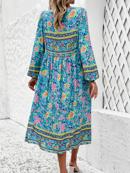 Tassel Tied Printed Long Sleeve Boho Dress [Spirit and Rebel]   