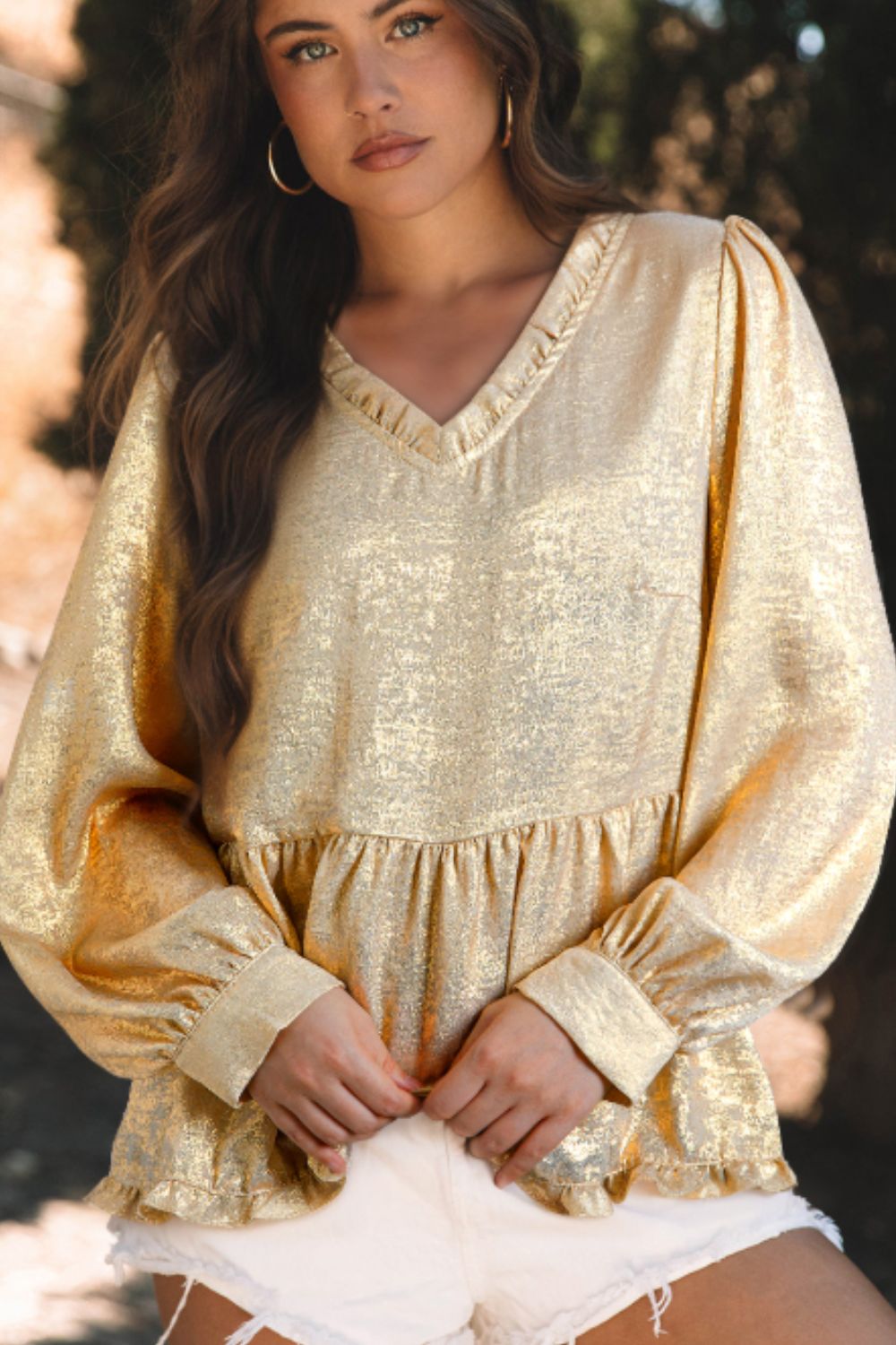 Frill Peplum V-Neck Long Sleeve Blouse [Spirit and Rebel] Gold S