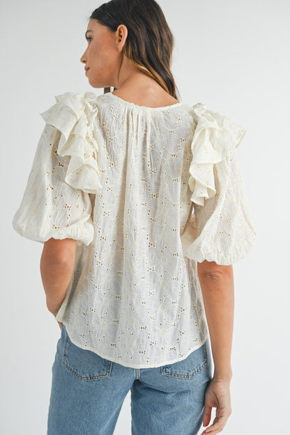 Eyelet Lace Ruffle Shoulder Puff Sleeve Boho Blouse - Spirit and Rebel [Spirit and Rebel]   