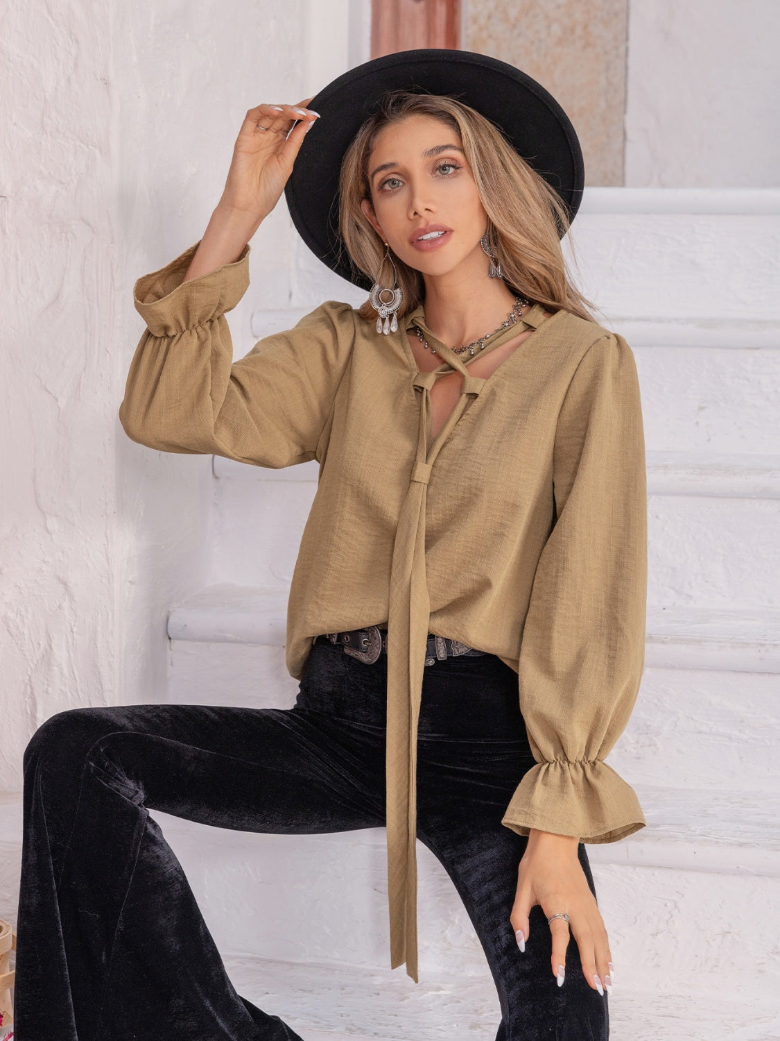 Ruched Flounce Sleeve Boho Blouse - Spirit and Rebel [Spirit and Rebel] Camel S 