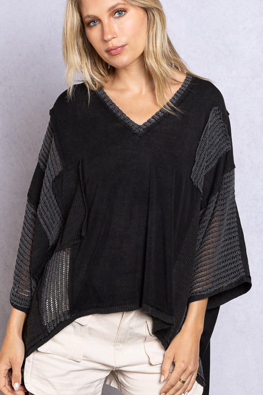 High-Low Contrast V-Neck Boho Top - Spirit and Rebel [Spirit and Rebel] Black S 