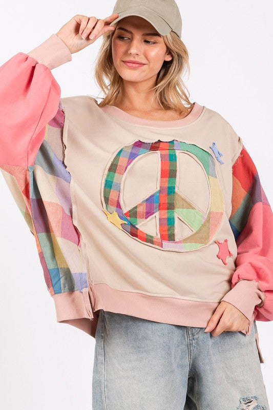 Plus Size Contrast Peace Patch Dropped Shoulder Sweatshirt [Spirit and Rebel]