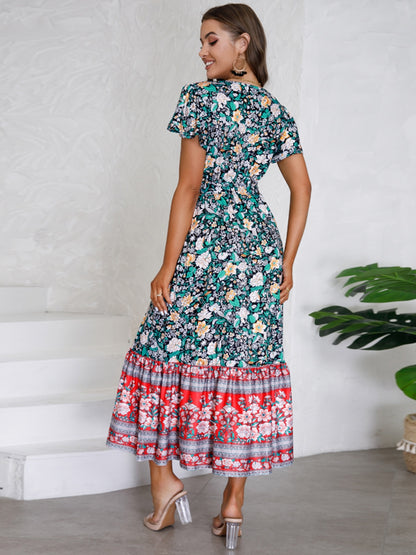 Tied Printed V-Neck Short Sleeve Boho Wedding Guest Dress [Spirit and Rebel]   