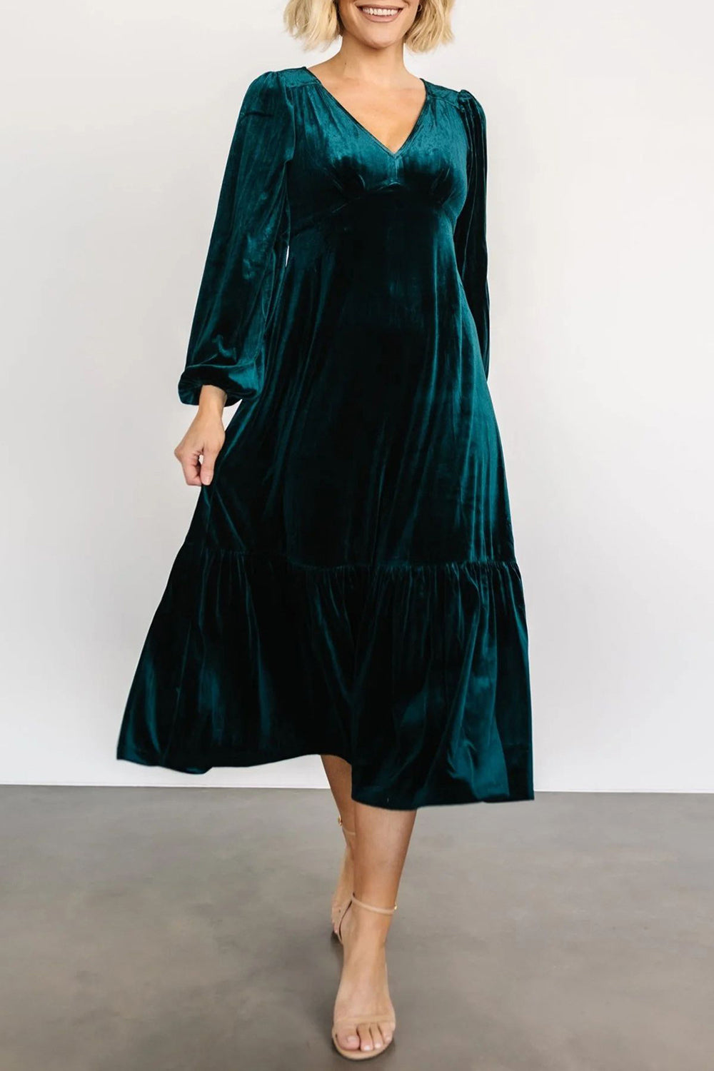 V-Neck Long Sleeve Midi Velvet Dress [Spirit and Rebel]