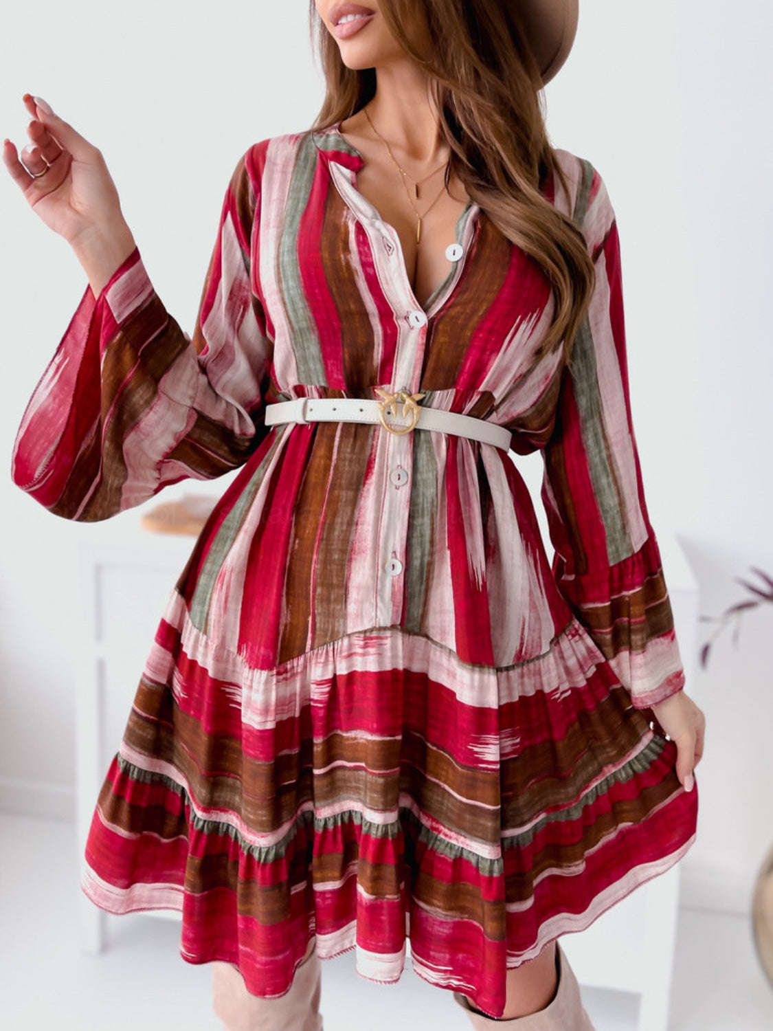 Buttoned Striped Long Sleeve Mini Dress - Spirit and Rebel [Spirit and Rebel] Deep Rose S 