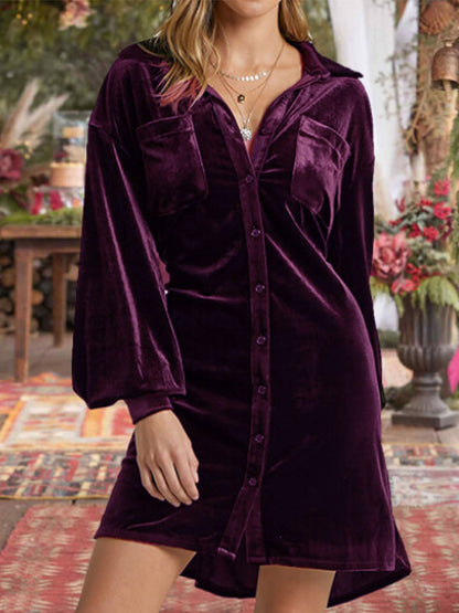 Collared Neck Button Down Long Sleeve Mini Dress [Spirit and Rebel] Plum Purple S