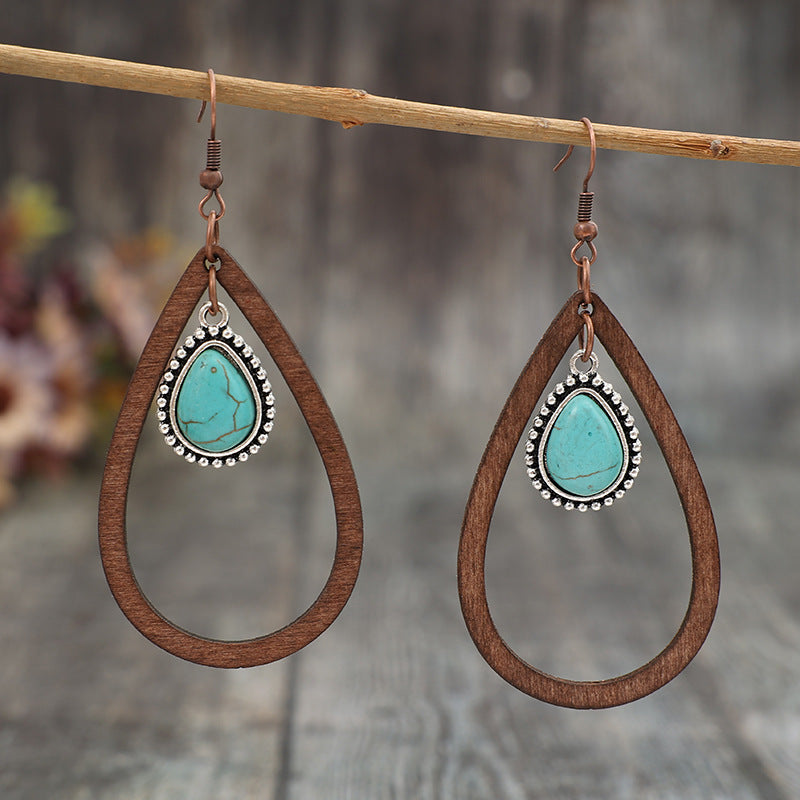 Wooden Turquoise Cutout Teardrop Boho Earrings - Spirit and Rebel [Spirit and Rebel] Brown One Size 