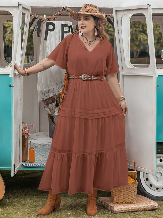 Plus Size Tie Neck Flutter Sleeve Midi Boho Dress - Spirit and Rebel [Spirit and Rebel] Rust 0XL 