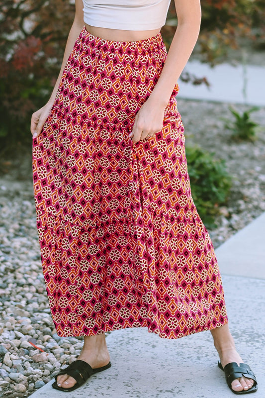 Geometric Elastic Waist Tiered Boho Skirt [Spirit and Rebel] Deep Red S 