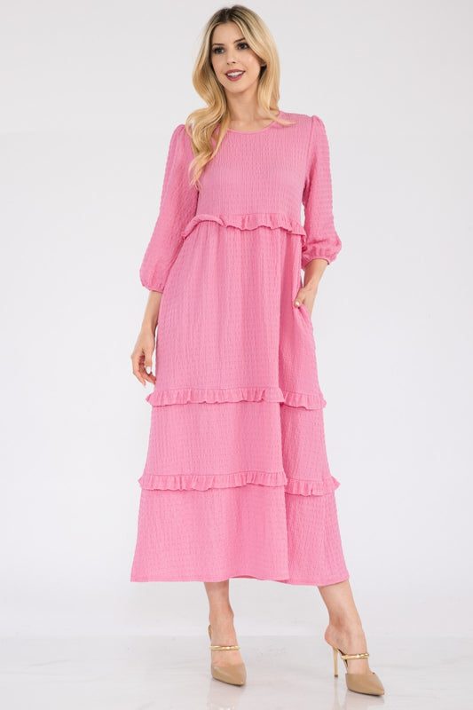 Plus Size Tiered-Ruffle Midi Boho Dress - Spirit and Rebel [Spirit and Rebel] Pink S 