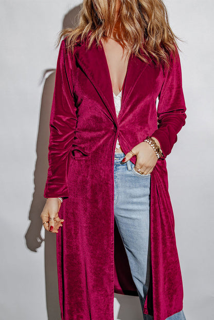 Collared Neck Longline Velvet Cardigan with Pockets [Spirit and Rebel] Deep Rose XL 