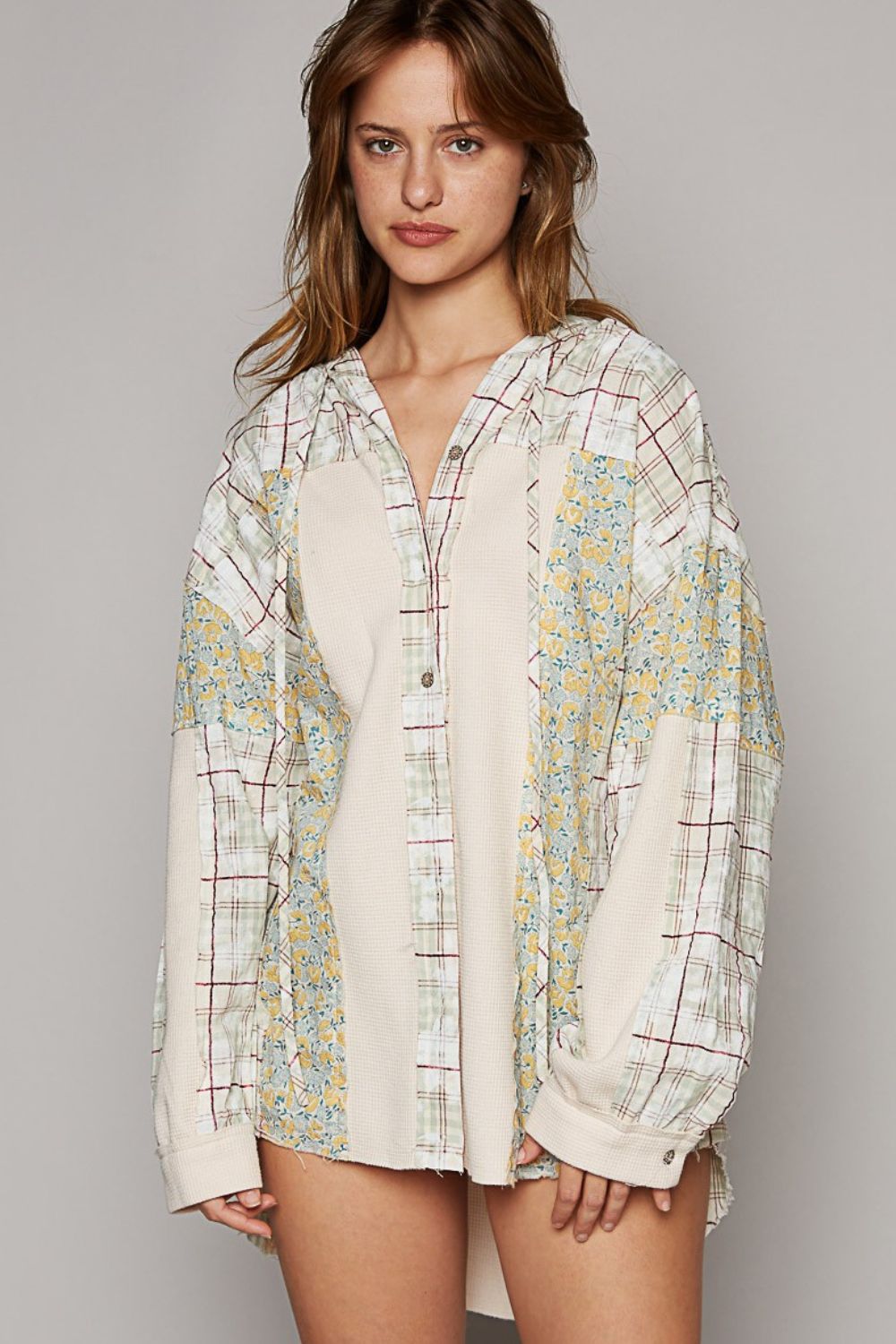 Long Sleeve Knit Mixed Hoodie Plaid Boho Shirt - Spirit and Rebel [Spirit and Rebel] Olive Multi S 