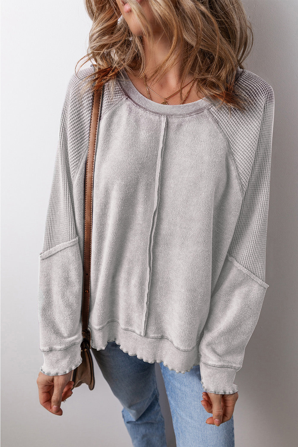 Round Neck Long Sleeve Boho Sweatshirt - Spirit and Rebel [Spirit and Rebel] Gray S 