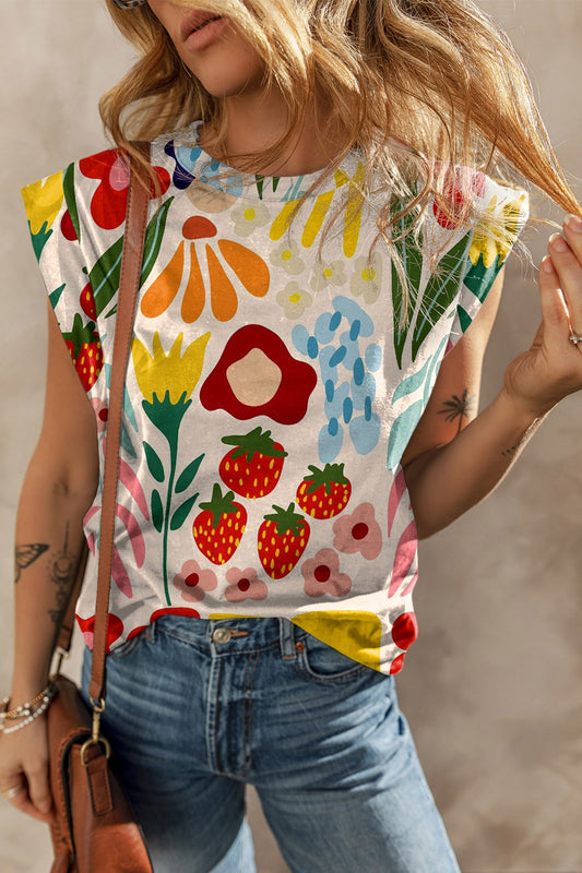 Printed Round Neck Cap Sleeve T-Boho Shirt - Spirit and Rebel [Spirit and Rebel] Floral S 