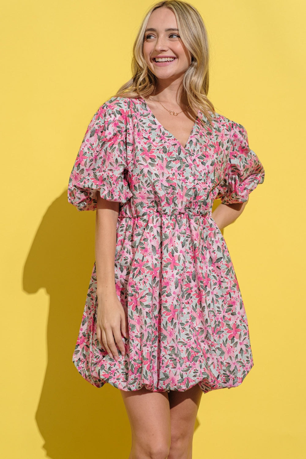 Plus Size Floral Surplice Puff Sleeve Dress - Spirit and Rebel [Spirit and Rebel]   