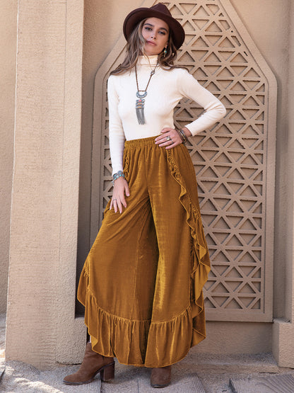 Slit Ruffled Wide Leg Boho Pants - Spirit and Rebel [Spirit and Rebel]   